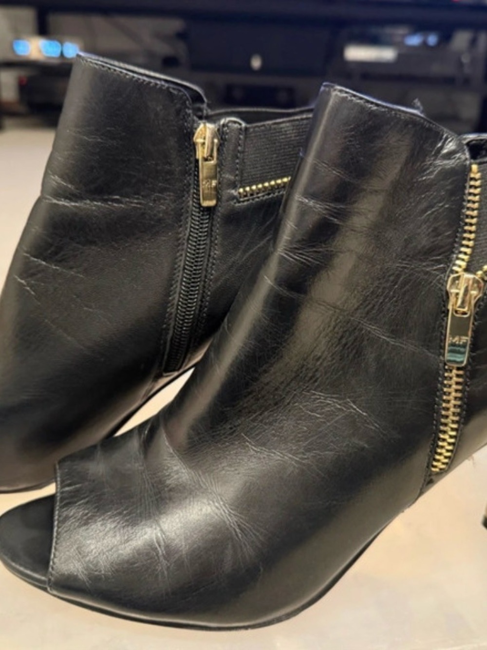 Marc Fisher Black Peep-Toe Ankle Booties with Gold Zipper (10M)